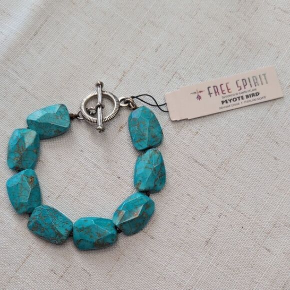 NWT Peyote Bird Genuine Turquoise Chunky Bracelet Sterling Silver Toggle Clasp - Picture 2 of 7